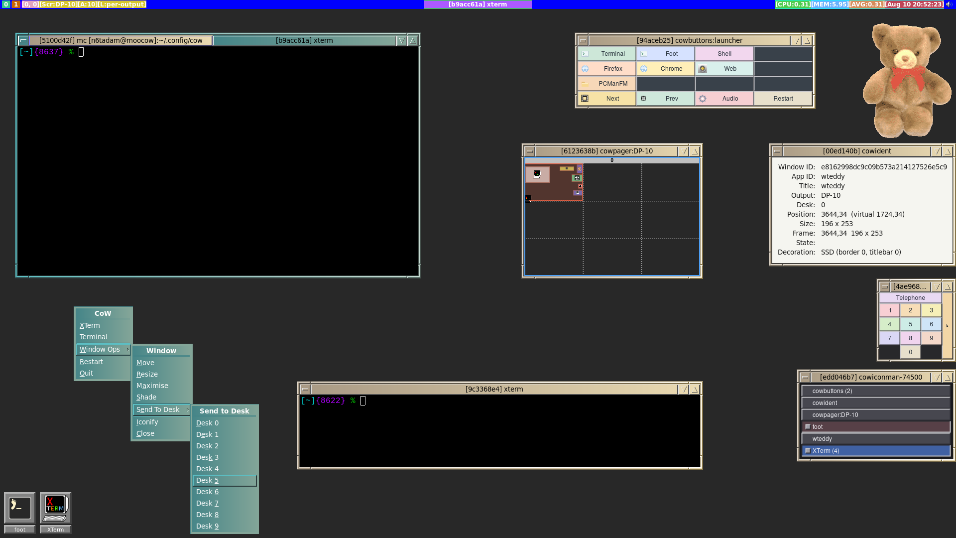 A CoW desktop showing decorated windows, a container, pager, menus, launcher buttons and iconified windows